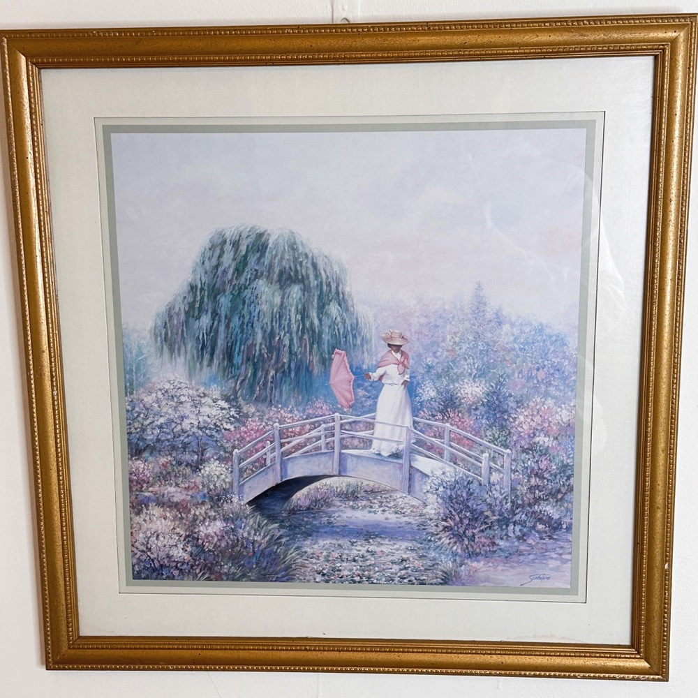Vintage “Lady On The Bridge” by Joe Sambafaro Framed Print 22" X 22"
